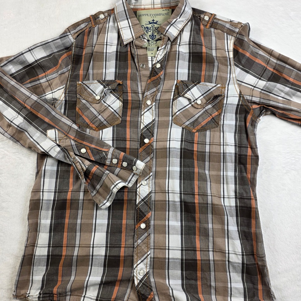 Supply Company USA Plaid Western‎ Shirt Mens Medium Brown Excellent Pearl Snap